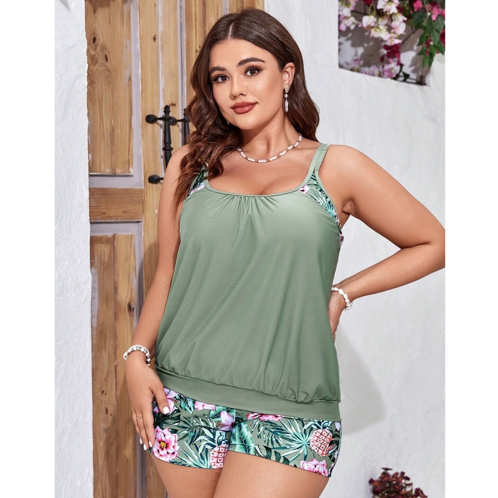 SHEIN Swim Lushoire Plus Size Tropical Print Tankini Swimwear SET US Womens 1XL